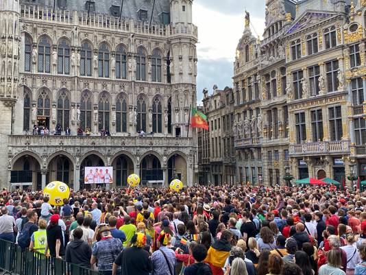 De verzamelde fans op de Grote Markt in Brussel.