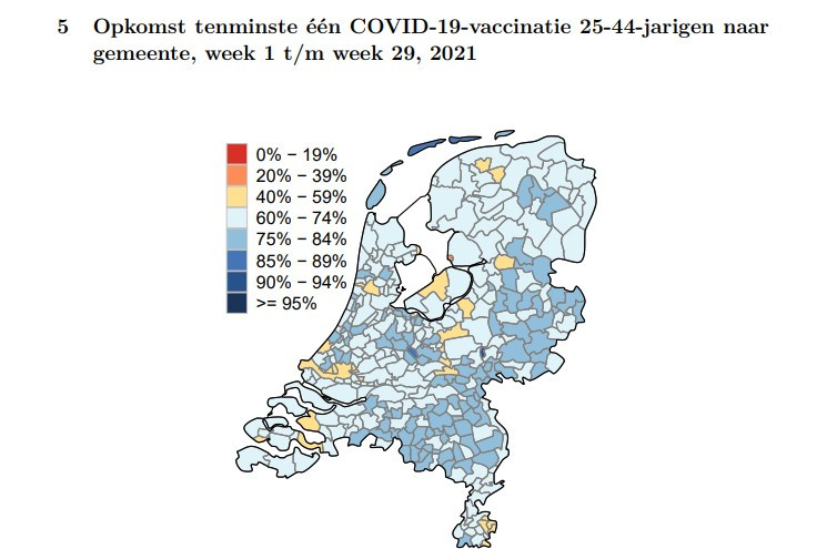 Percentage 25- tot 44-jarigen met tenminste één coronavaccinatie in Nederlandse gemeenten.