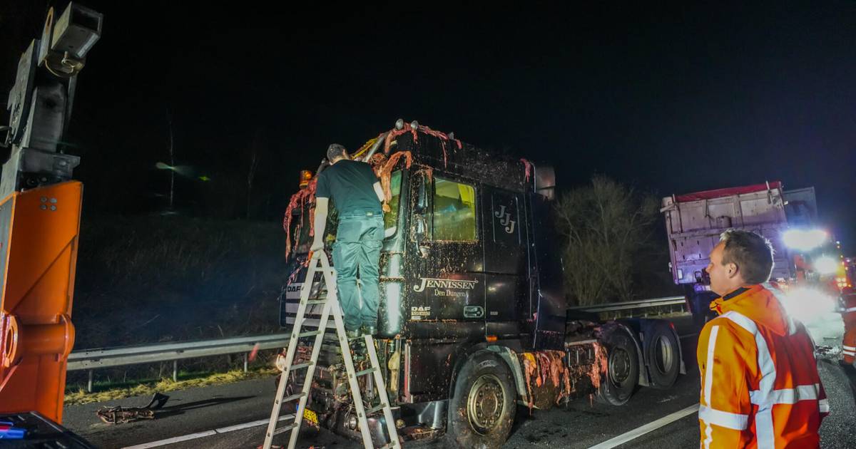 A67 bij Geldrop weer schoongemaakt na ravage door slachtafval, dashcambeelden tonen moment van ongeluk