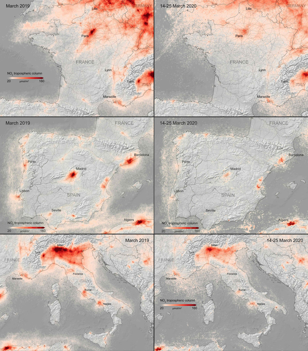 Deze afbeeldingen van Europese Ruimtevaartorganisatie tonen het verschil in stikstofdioxide-concentraties tussen maart 2019 (links) en maart 2020 (rechts). Beeld AFP / Copernicus Sentinel data (2019-20), verwerkt door KNMI/ESA