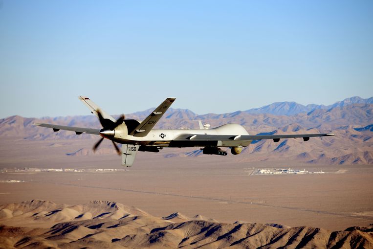 Een MQ-9 Reaper-drone van de Verenigde Staten, hier tijdens een trainingsmissie in Nevada.  Beeld ANP / EPA