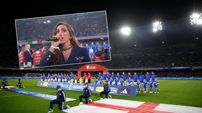 Italiaanse zangeres barst in huilen uit na ‘vermoorden’ van Engels volkslied voor EK-kwalificatieduel
