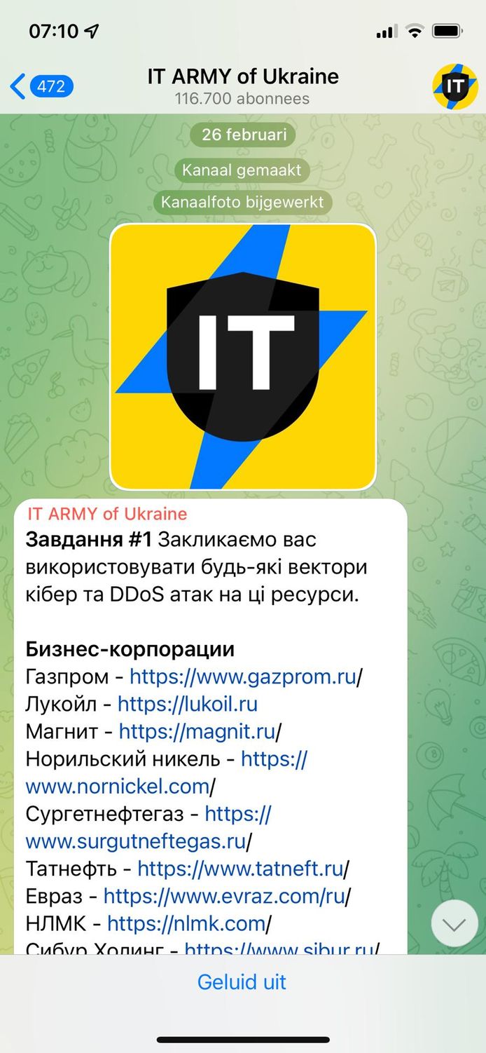 Het 'cyberleger' krijgt instructies via een Telegram-kanaal.