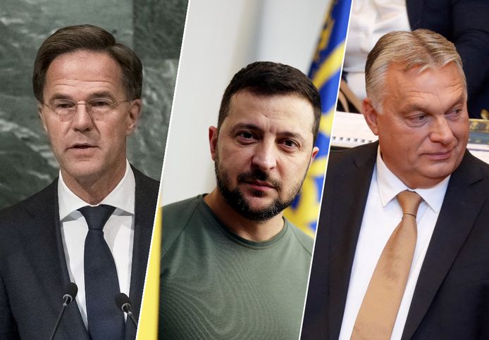 Fotomontage HLN. De Nederlandse premier Mark Rutte, de Oekraïense president Volodymyr Zelensky en de Hongaarse premier Viktor Orbán.