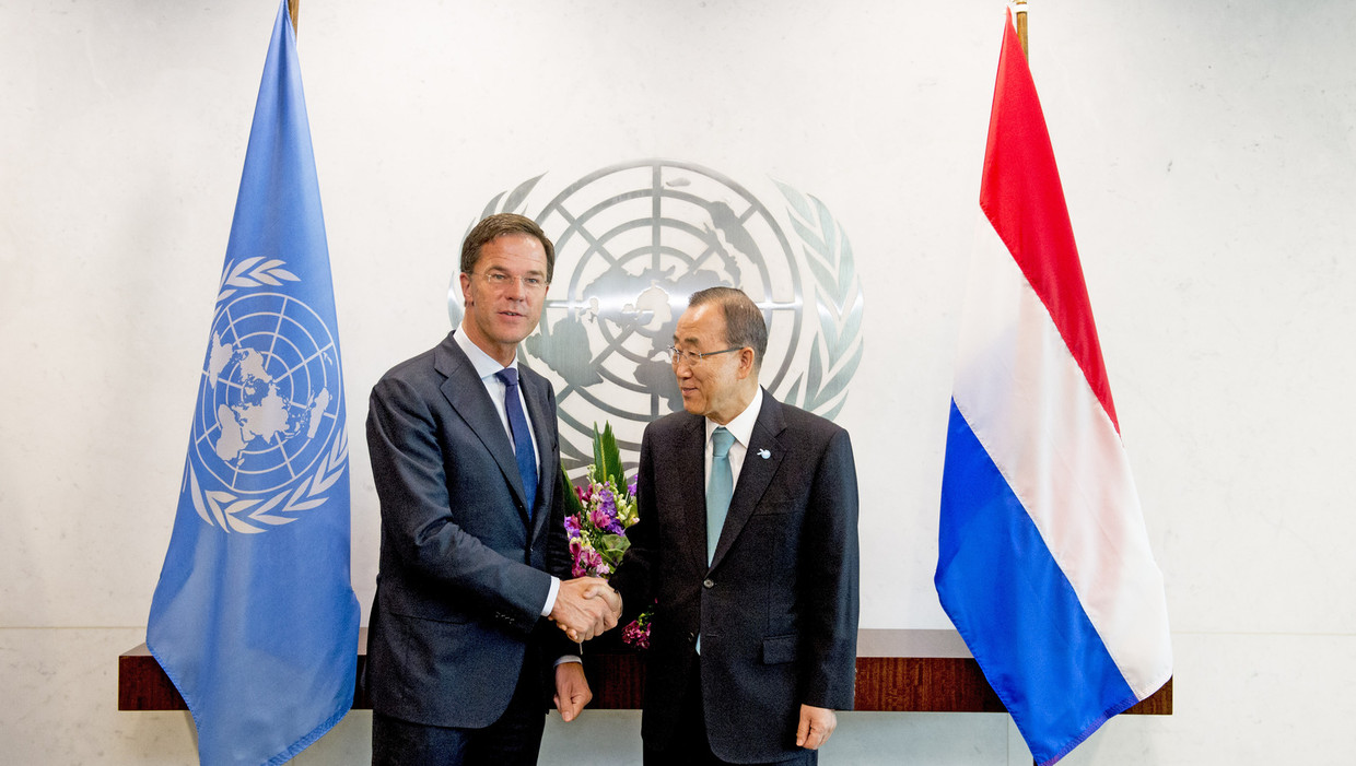Premier Mark Rutte en VN-secretaris-generaal Ban Ki-moon tijdens een ontmoeting bij de Verenigde Naties. Beeld ANP