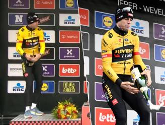 KIJK. Niet álles lukte: Wout van Aert beleeft ongelukje met champagnefles op podium