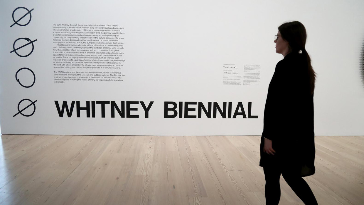 Een bezoeker van de Whitney Biënnale in het New Yorkse Whitney Museum. Beeld epa