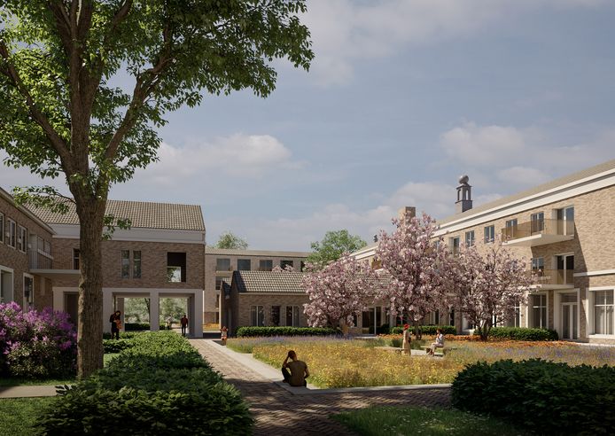 Schets uit 2019 met links de kapel in zij-aanzicht.