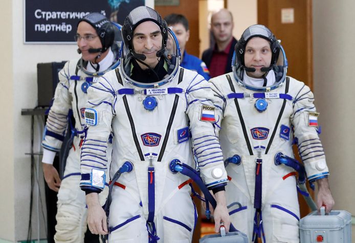 De drie astronauten die momenteel in ISS zitten: Chris Cassidy (links), Anatoli Ivanisjin (midden) en Ivan Vagner.