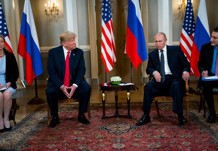Juli 2018. 
Toenmalig VS-president Donald Trump en Poetin treffen elkaar in Finland. Beeld NYT