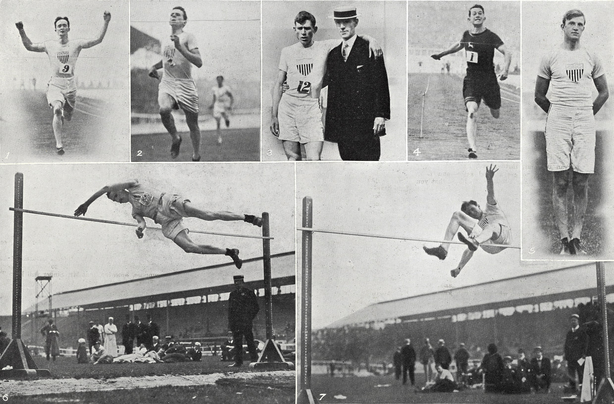 De Olympische Spelen in Londen in 1908. Onder: de Amerikaanse hoogspringer en winnaar Harry Porter, die de gouden sprong maakte. Beeld ANP / Camera Press Ltd