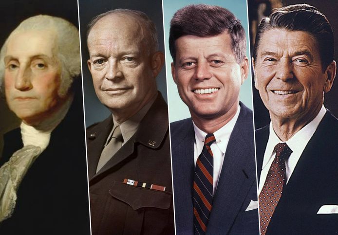 De voormalige president van de Verenigde Staten: George Washington, Dwight D. Eisenhower, John F. Kennedy en Ronald Reagen.