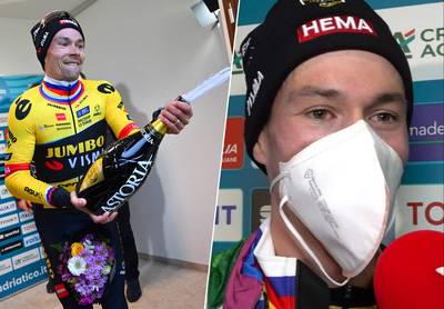 Roglic, die tegen wil van organisatie met champagne spuit na nieuwe zege: “Waarschuwing voor Remco? Hij zal supersterk zijn in de Giro”