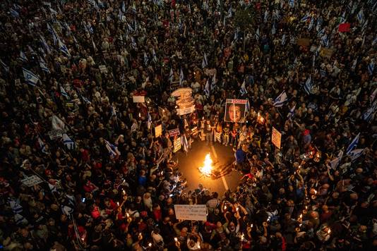 Een grote demonstratie in de Israëlische stad Tel Aviv zaterdagavond. 