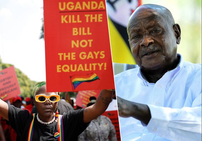 Links: Oegandese activist Papa De tijdens een demonstratie tegen de omstreden antihomowetgeving. Rechts: Oegandese president Yoweri Museveni.