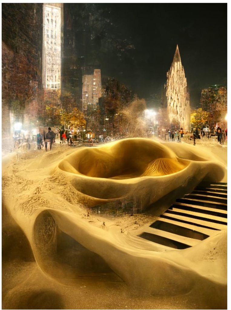 ‘A small open space pop up cart in the middle of park ave street in new york city, sand waves, sound amp, music, dramatic lighting, intriquet nature etherial hyper detailed, elite, ornate, hypermaximalist, golden ratio, environmental key art, octane render geometry pictorialism story’. Beeld Midjourney
