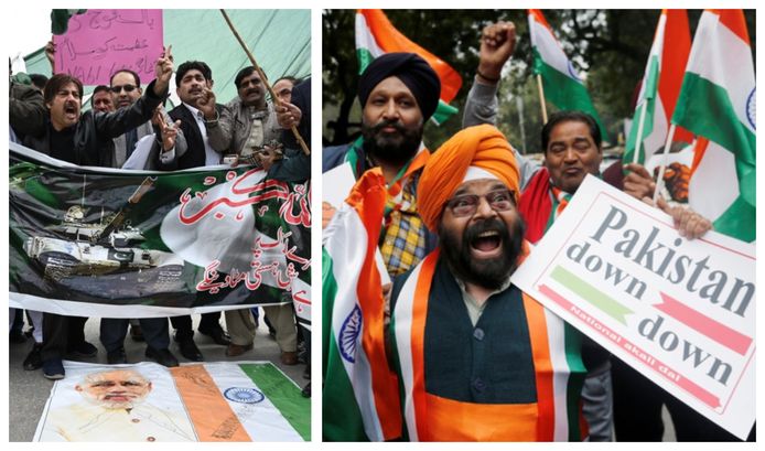 Foto links: demonstranten trappen in de Pakistaanse stad Rawalpindi op de Indiase vlag en het portret van premier Narendra Modi. Foto rechts: anti-Pakistanbetoging in de Indiase hoofdstad New Delhi.