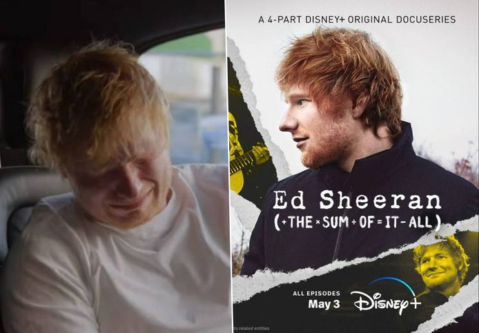 Ed Sheeran in trailer 'Ed Sheeran: The Sum Of It All’ van Disney+ (links) en de poster van de docuserie (rechts).