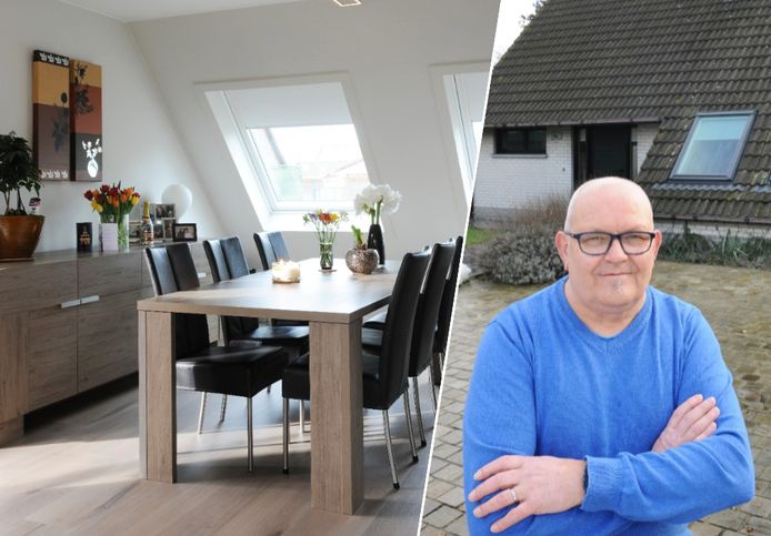 Luc Arens (65) voor zijn woning in Moerbeke-Waas in Oost-Vlaanderen en een glimp van zijn lichrijke en frisse woonkamer.