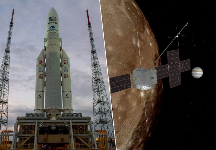 Links een beeld van het lanceerplatform in Frans-Guyana. Het eerste doel van de ruimtesonde is Ganymedes, de grootste maan van Jupiter (rechts).