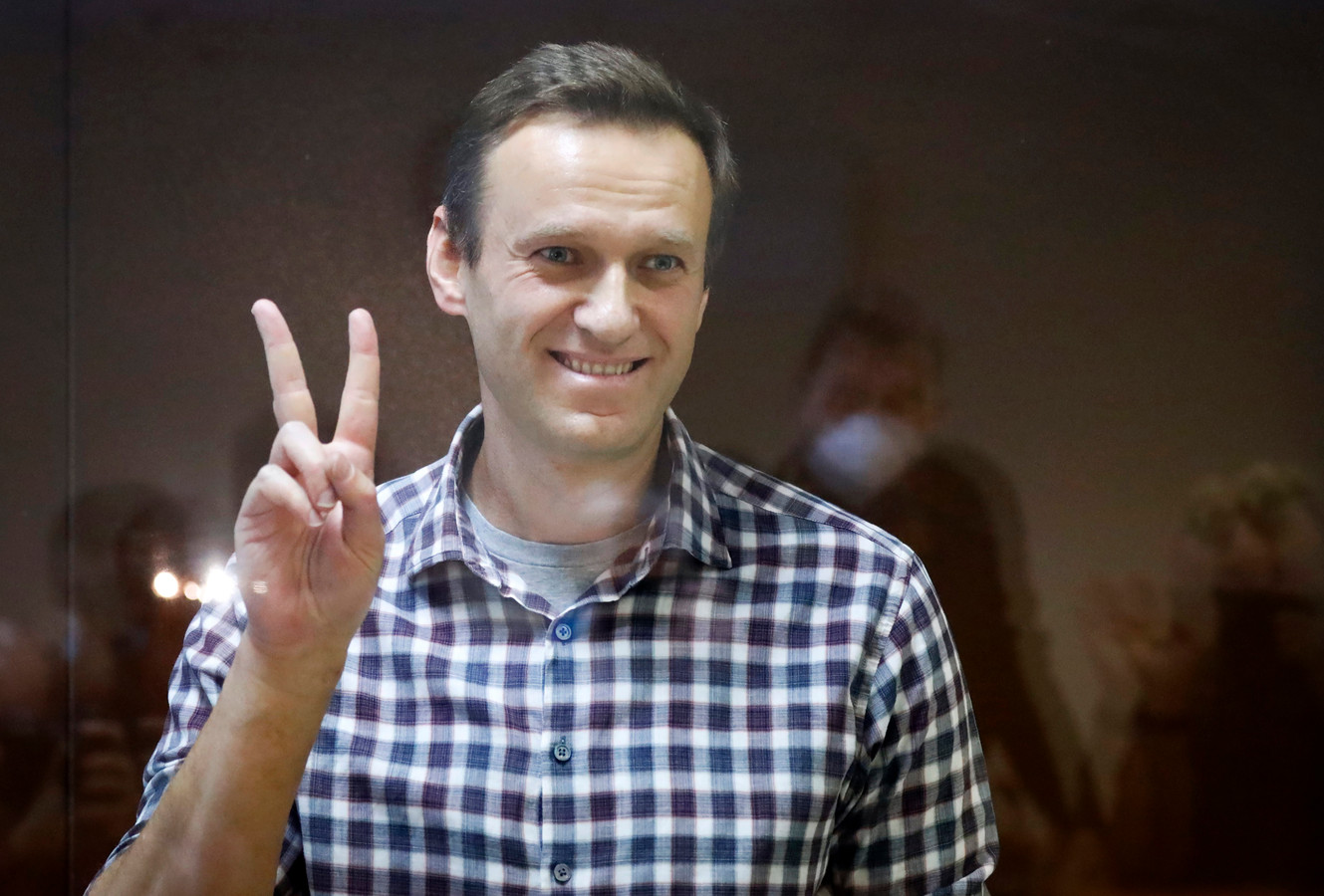 Aleksej Navalni in februari van dit jaar in een rechtbank in Moskou.