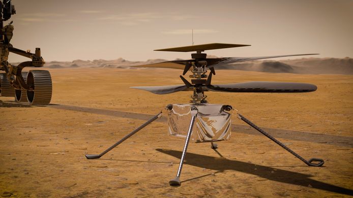 Illustration de l'hélicoptère Ingenuity détaché du rover martien Persévérance de la NASA.