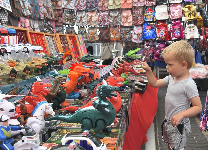 Levi Damink uit Oldenzaal bewondert de speelgoeddraken op de Zomermarkt van Vlissingen.