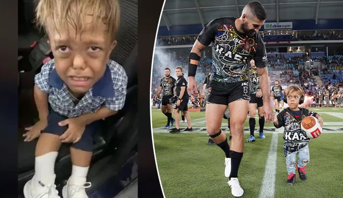 De ontroostbare Quaden in het filmpje dat zijn mama postte. Hij mocht afgelopen weekend met zijn favoriete rugbyteam Indigenous All Stars het veld op.