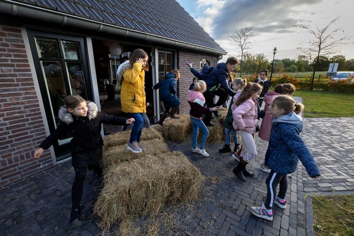Met het omver duwen van een paar balen stro begint de eerste groep kinderen aan de interactieve boerderijtocht in Valkenswaard.