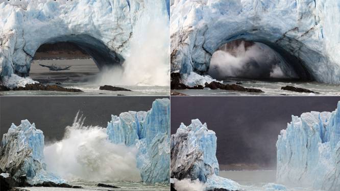 Kijk hoe een reusachtig stuk van de Perito Moreno-gletsjer instort