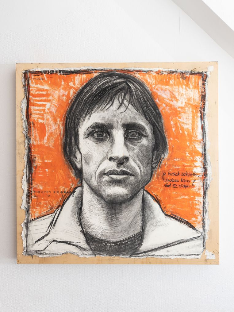Timothy de Graafs tekening van Johan Cruijff hangt nu in het kantoorpand van Jaap Kerrebijn. Beeld Daphne Lucker