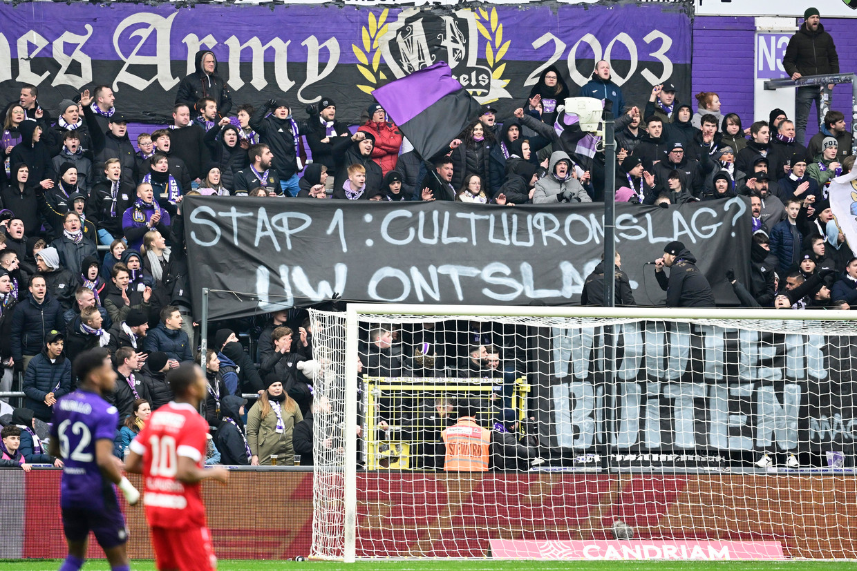 Anderlecht-fans tijdens match tegen Royal Antwerp FC eind januari. Beeld Photo News