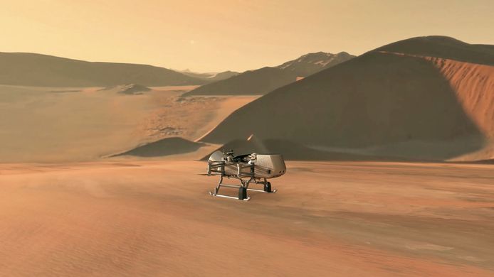 Een artiestenimpressie van NASA-drone Dragonfly op Saturnus-maan Titan.