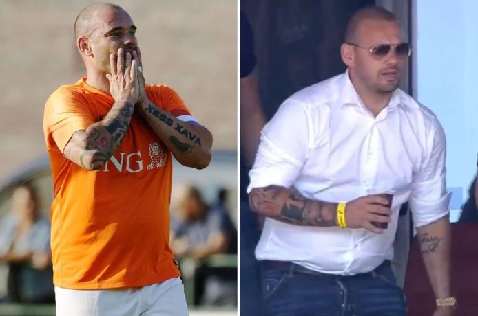 Links: Sneijder tijdens een demonstratiematch het voorbije weekend, rechts: zondag in een skybox in het stadion van FC Utrecht.