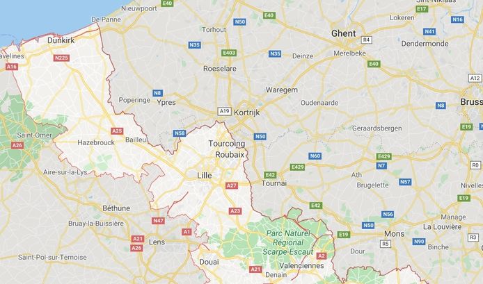 Het Franse departement Nord staat in een iets lichtere kleur aangegeven.