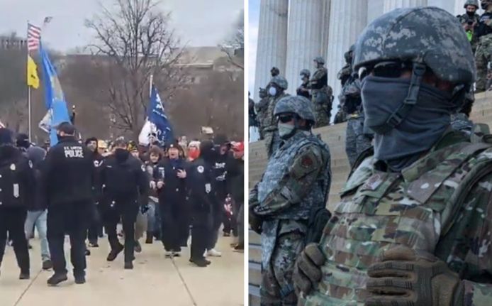 Links: de politie die gisteravond Trump-aanhangers richting het Capitool doorlaat. Rechts: de opgetrommelde Nationale Garde aan het Lincoln Memorial bij protesten van Black Lives Matter (archiefbeeld van juni).