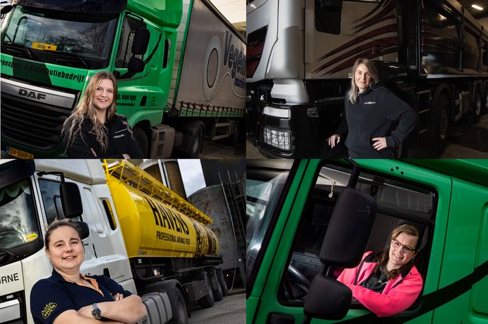 Vrouwelijke vrachtwagenchauffeurs uit de regio Eindhoven. Van linksboven, met de klok mee: Anouk van Deurssen, Sabine Verstappen, Angela Claessens en Natasja Martens