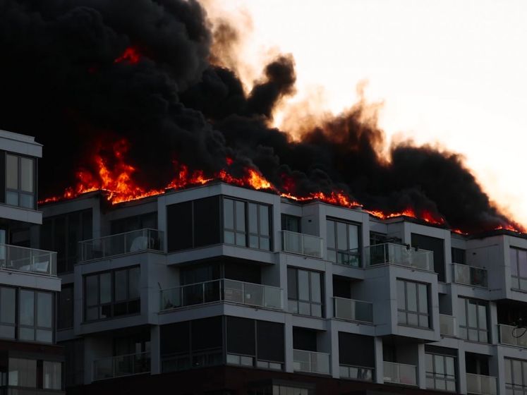 Vlammen slaan uit dak van Amsterdams appartementencomplex
