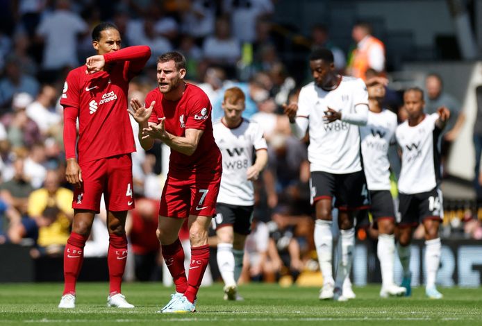 Virgil van Dijk (l) met James Milner na het veroorzaken van een penalty voor Fulham.