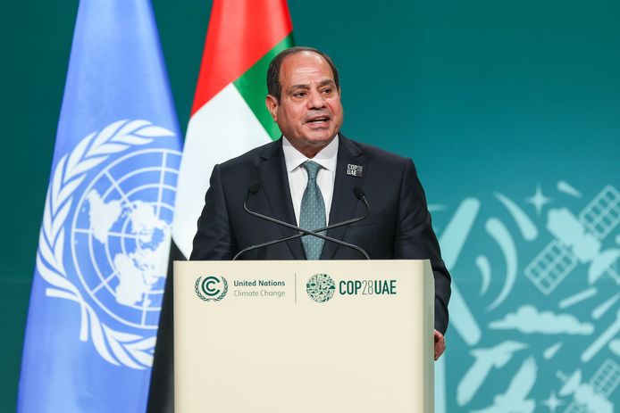De Egyptische president Abdel Fattah Al Sisi spreekt tijdens de klimaattop in Dubai eerder deze maand.