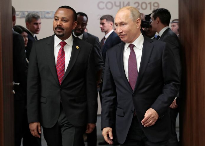 De Russische president Poetin met de Ethiopische eerste minister Abiy Ahmed.
