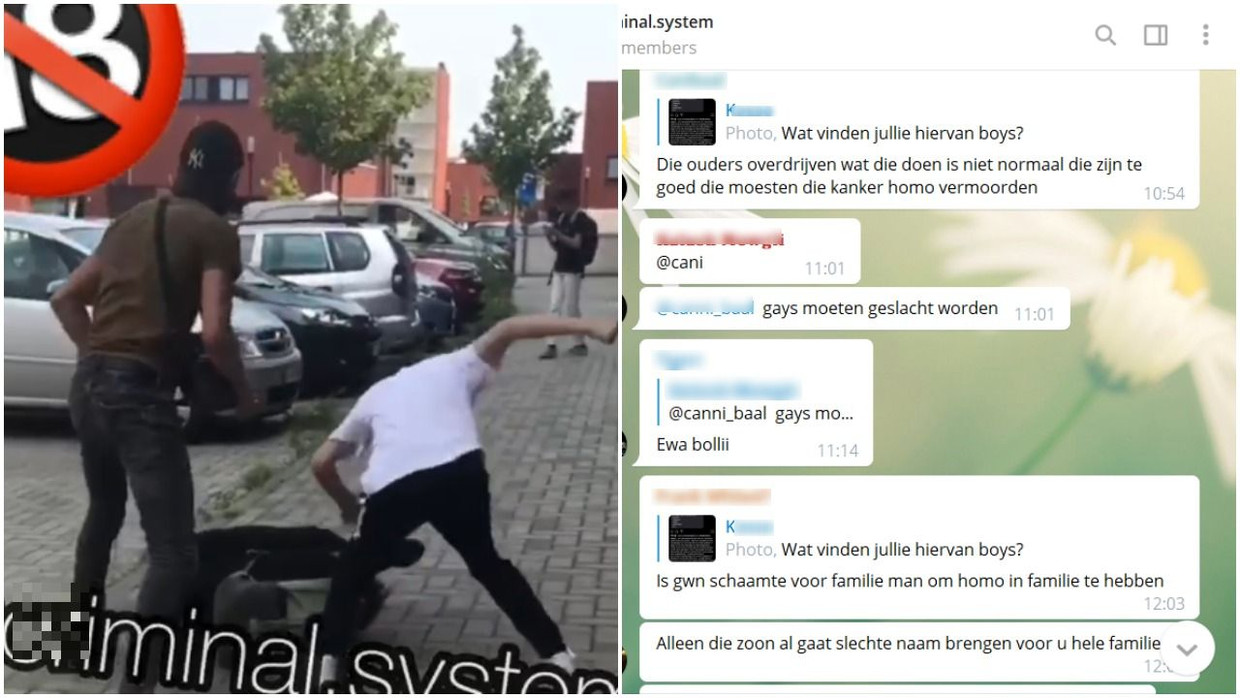 Het filmpje uit Leuven dateert van 12 augustus, rechts screenshots van de chatgesprekken op Telegram. Beeld JSL