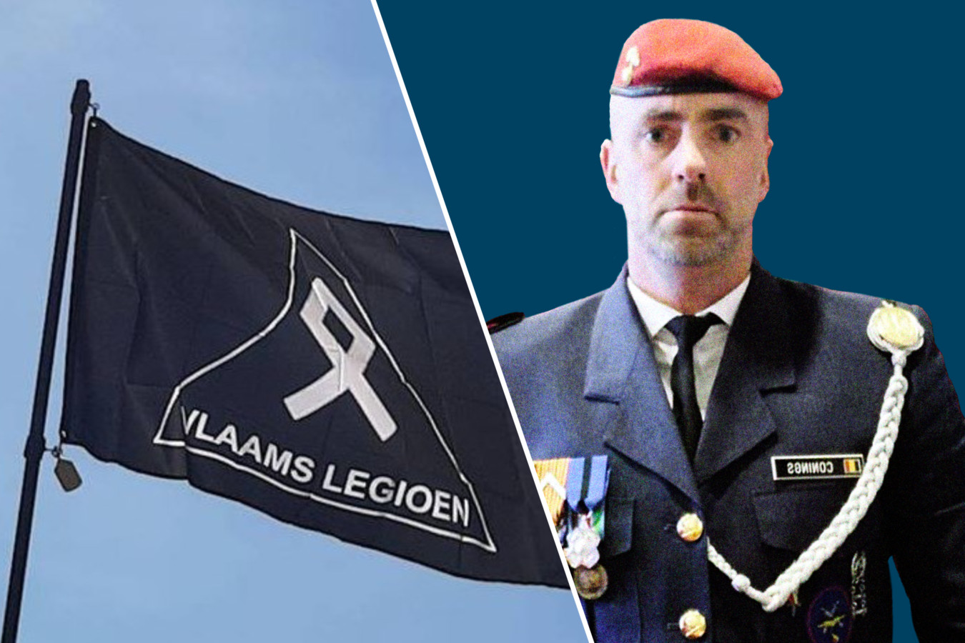 De vlag van het Vlaams Legioen en rechts de spoorloze militair Jürgen Conings.