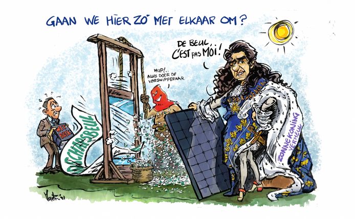 Cartoon bij spandoek-gate in Millingen, met wethouder Nelson Verheul.