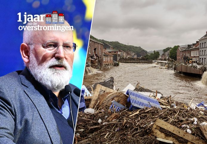 Vicevoorzitter van de Europese Commissie Frans Timmermans (links) en de overstromingen in Pepinster (rechts)