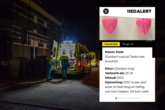 Ambulances en politie bij het studentenhuis aan de Evertsenstraat in Nijmegen. Inzet: de pil waar de studenten mogelijk onwel van werden.