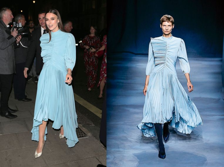 Keira Knightly links in de jurk van Givenchy, rechts gedragen door een model op de catwalk.  Beeld Team Peter Stigter