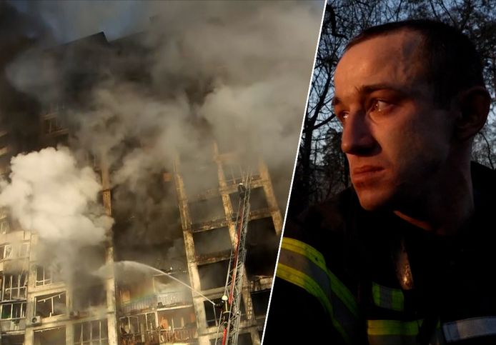 Drie flatgebouwen, een huis en een metrostation worden vernield, brandweerman Andryi reageert emotioneel.