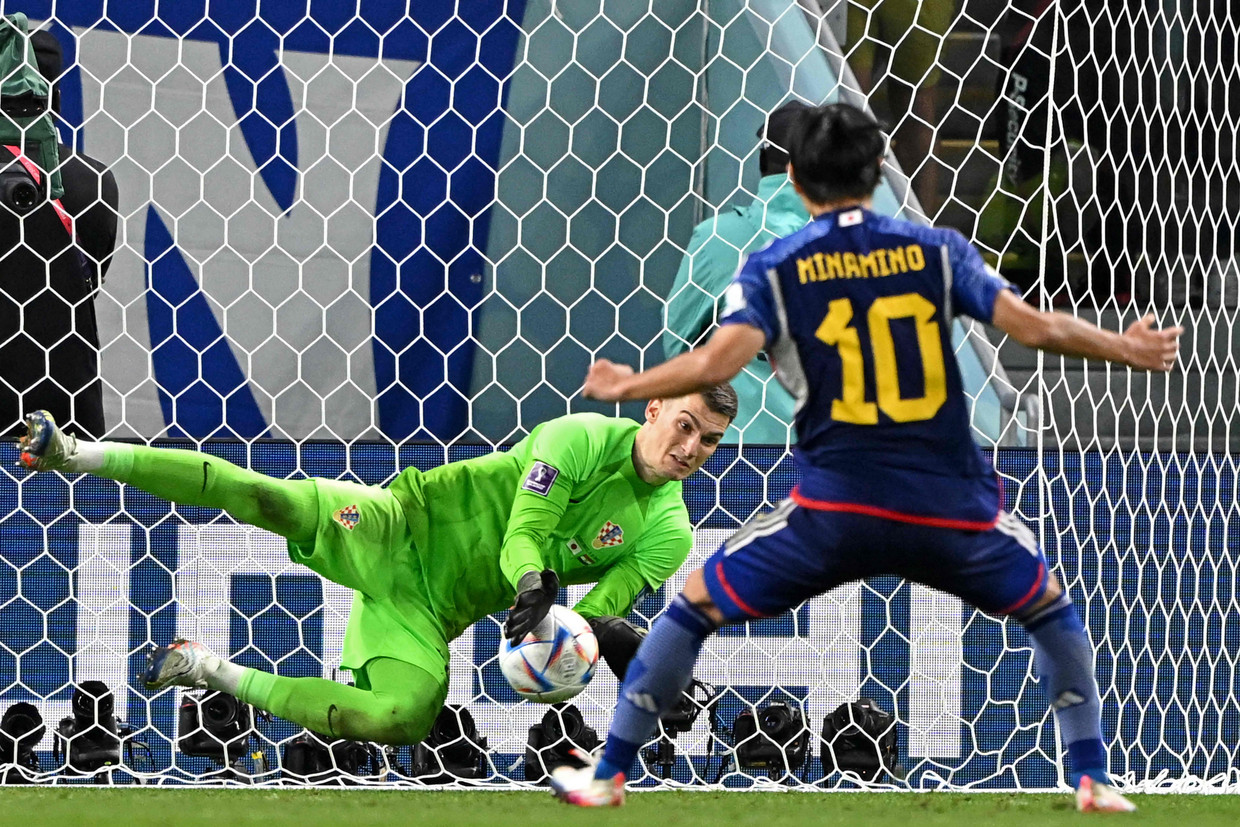 De Kroaat Dominik Livakovic stopt drie strafschoppen in de achtste finale. 