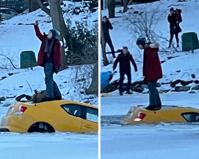 Sur le toit de sa voiture en train de couler dans un lac gelé, elle prend le temps pour un selfie.